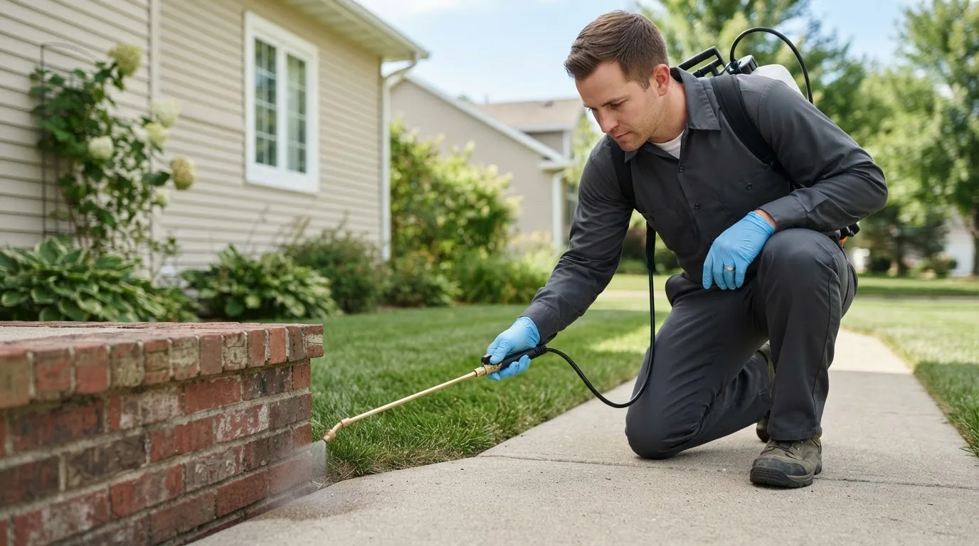 Pest control technician treating a home near Danbury, NH